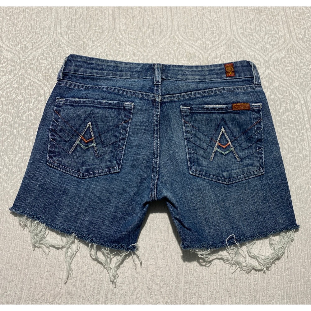 7 For All Mankind Cut Off Denim Shorts Medium Wash Embroidered A Pocket Size 27